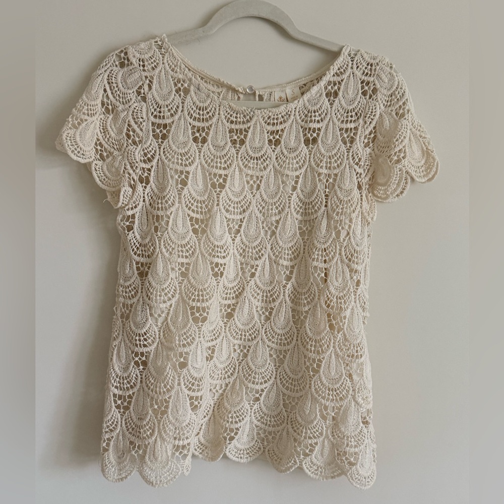 Adiva Crochet Boho Lace Top with Layering Tank Cream Blouse Cottagecore Sz Small